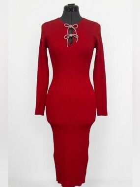 Madden Girl Red Ribbed Long Sleeve Midi Dress with Tie Detail